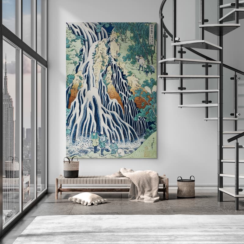 Kirifura Fall in Kurokawa Mountain by Katsushika Hokusai wall art in a living room