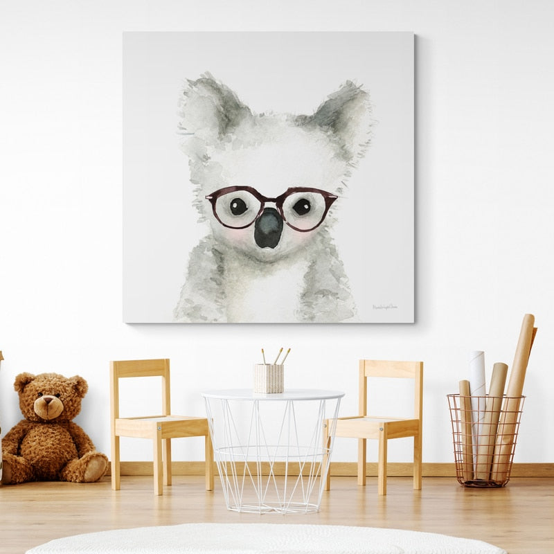 Koala in Glasses by Mercedes Lopez Charro wall art in a living room