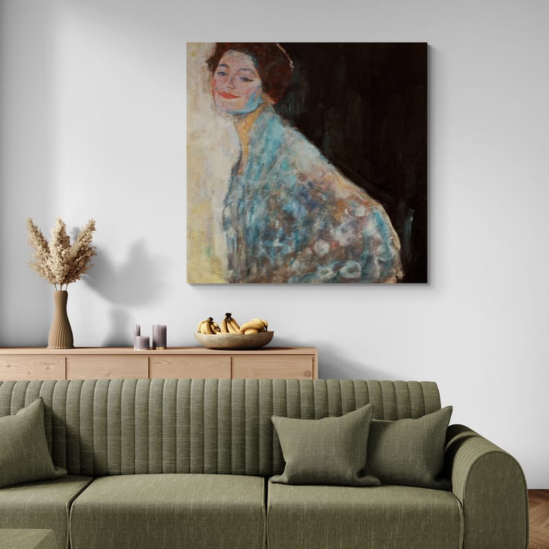 Lady in White by Gustav Klimt wall art in a living room