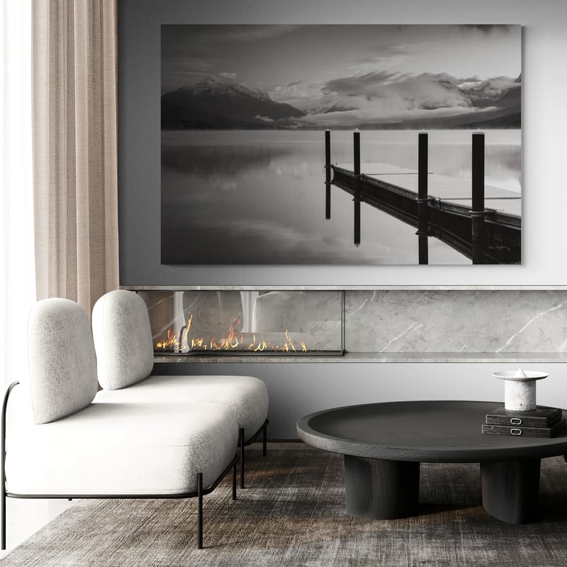 Lake Mcdonald Dock Bw by Alan Majchrowicz wall art in a living room