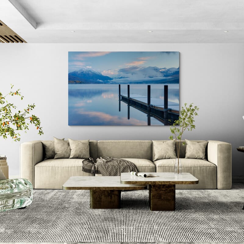 Lake Mcdonald Dock by Alan Majchrowicz wall art in a living room