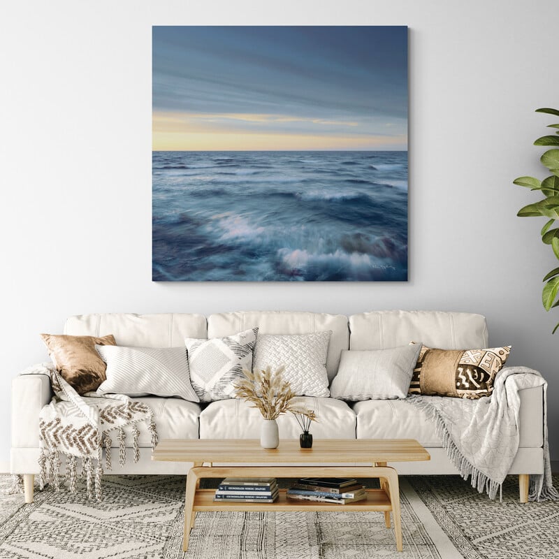 Lake Superior Waves Navy Crop by Alan Majchrowicz wall art in a living room
