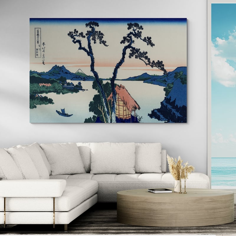 Lake Suwa in the Shinano Province by Katsushika Hokusai wall art in a living room