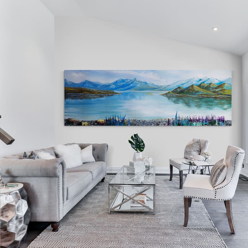 Lake Tekapo Lupins V2 by Marina Strijakova wall art in a living room