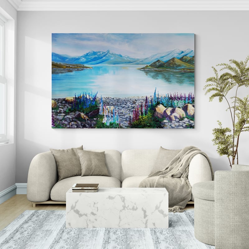 Lake Tekapo Lupins by Marina Strijakova wall art in a living room