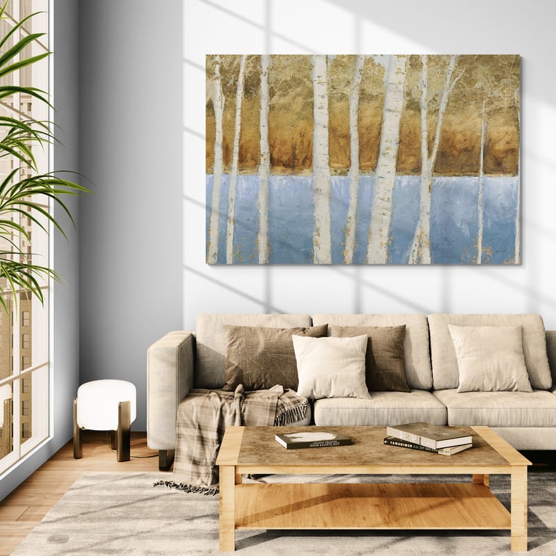 Lakeside Birches by James Wiens wall art in a living room