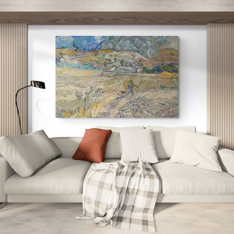 Landscape at Saint-Rémy Enclosed Field with Peasant 1889 by Vincent Van Gogh wall art in a living room