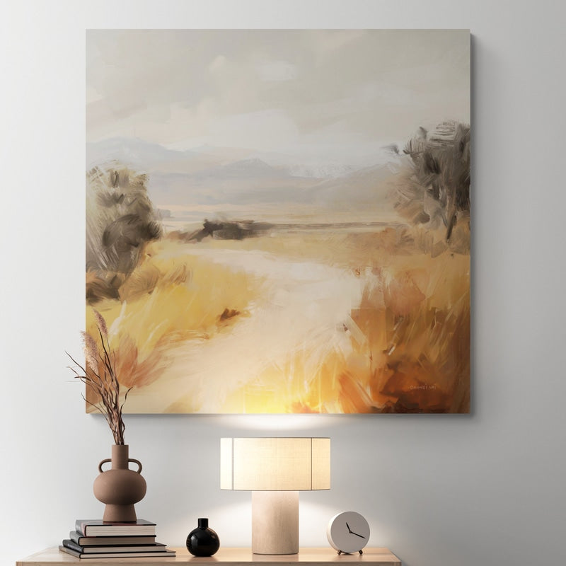 Landscape in Yellow Ochre by Danhui Nai wall art in a hallway