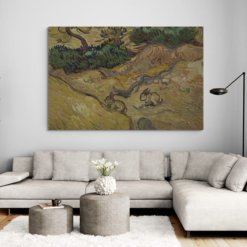 Landscape with Rabbits 1889 by Vincent Van Gogh wall art in a living room