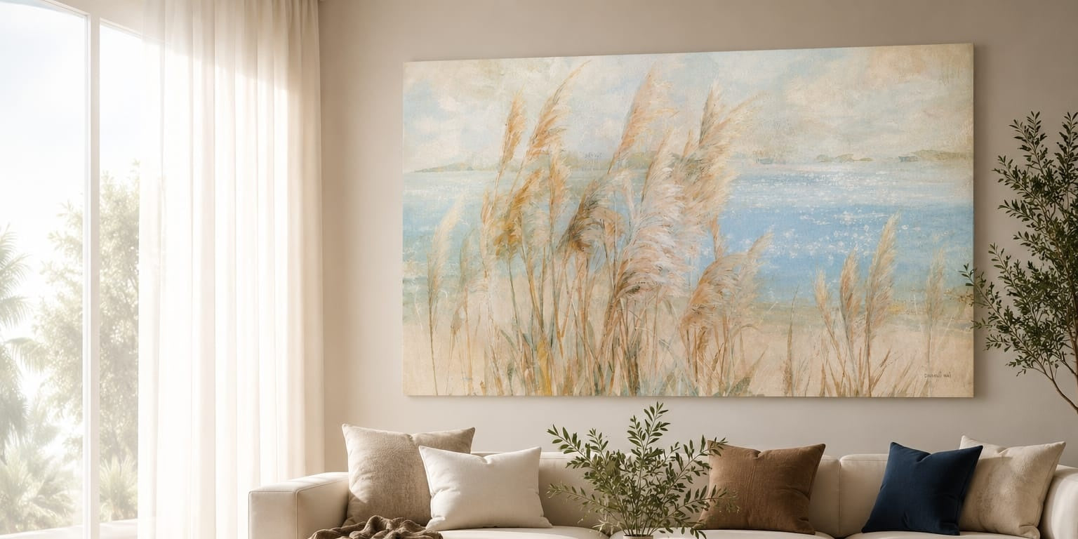 Living room with a large painting of reeds by a body of water on the wall.