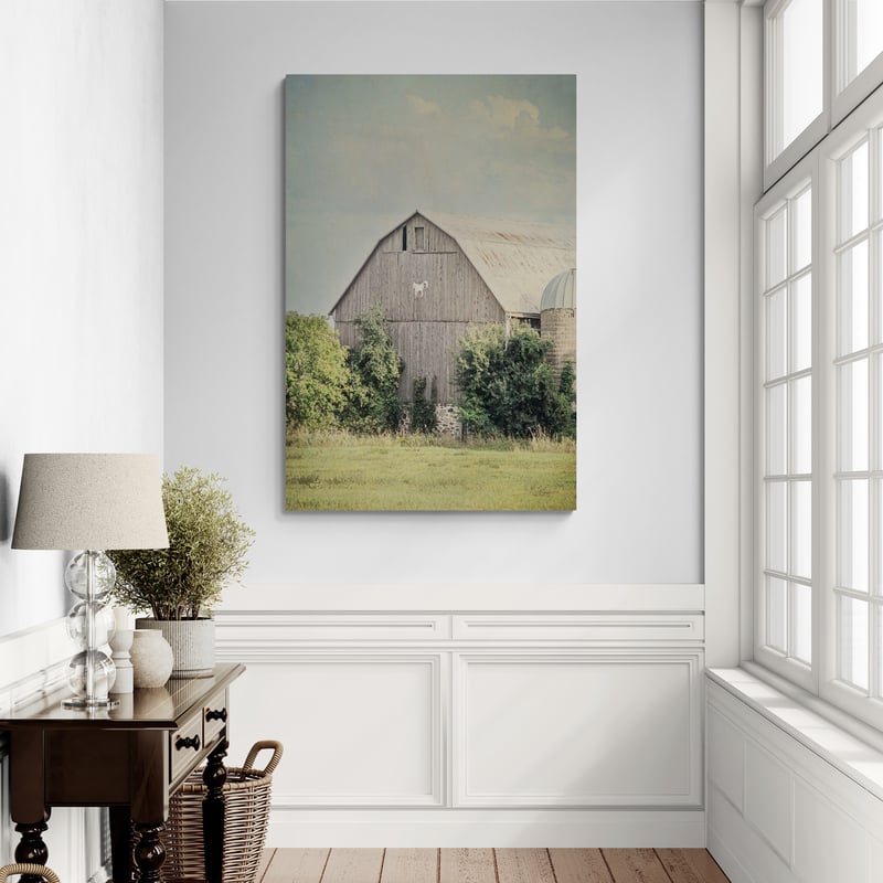 Late Summer Barn II by Elizabeth Urquhart wall art in a hallway