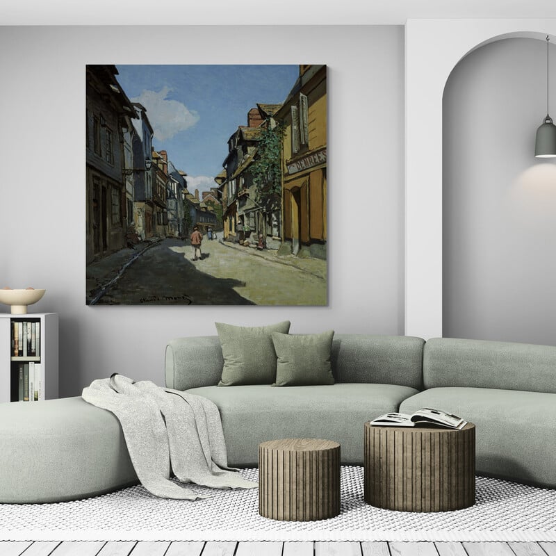 Le Rue de la Bavole at Honfleur 1864 by Claude Monet wall art in a living room