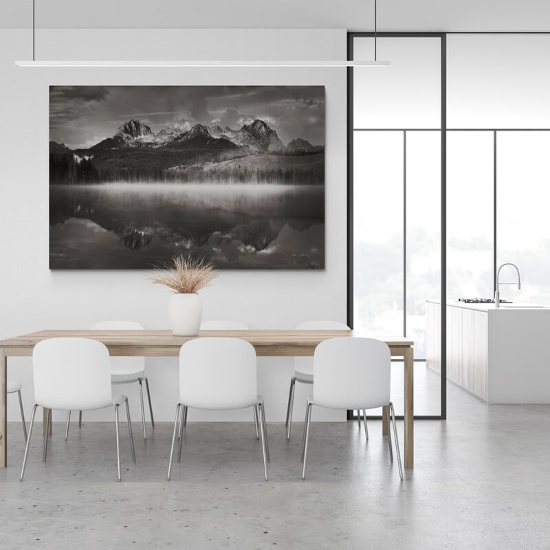 Little Redfish Lake Mist II by Alan Majchrowicz wall art in a dining room