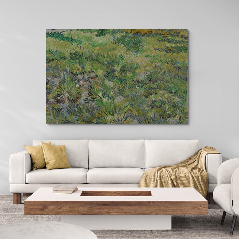 Long Grass with Butterflies 1890 by Vincent Van Gogh wall art in a living room