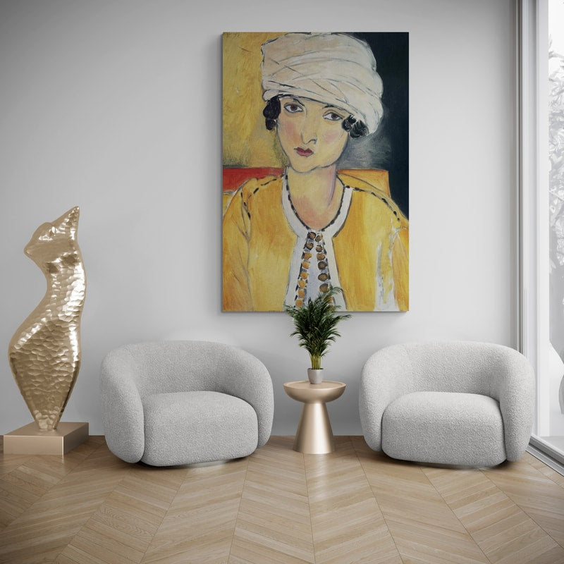 Lorette with Turban and Yellow Vest by Henri Matisse wall art in a living room