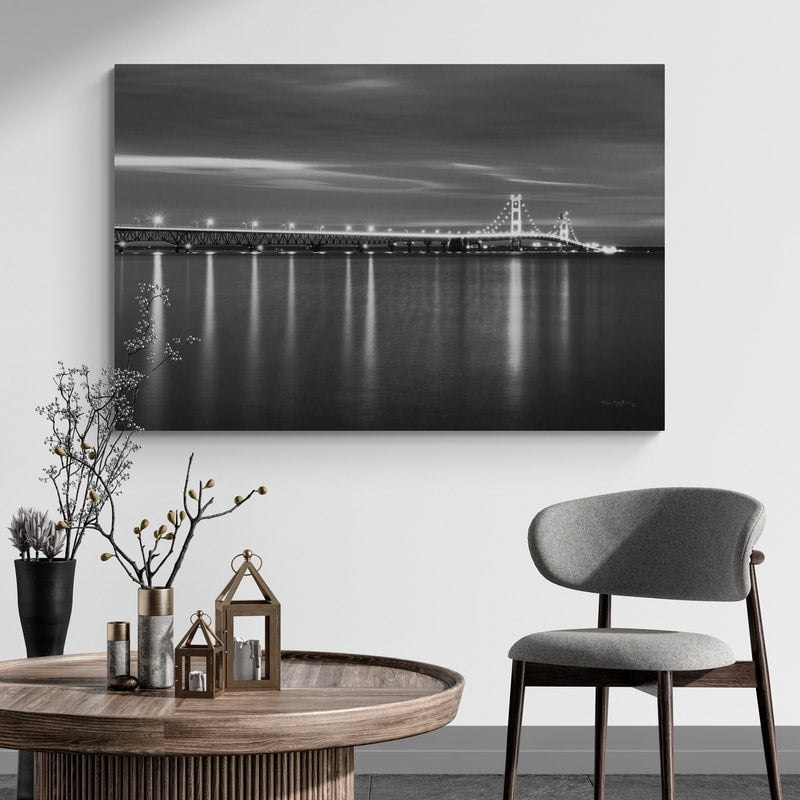 Mackinac Bridge Bw by Alan Majchrowicz wall art in a living room
