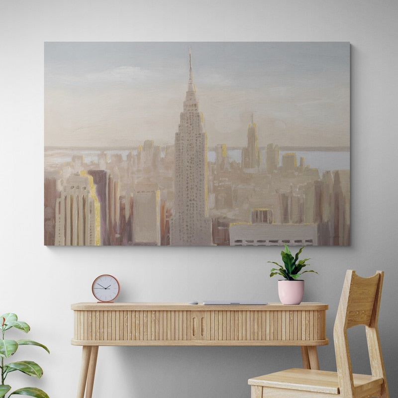 Manhattan Dawn Gold And Neutral by James Wiens wall art in a office