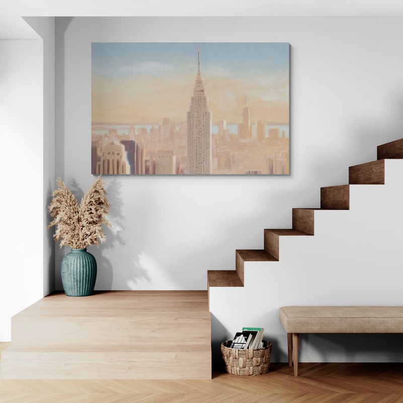 Manhattan Dawn by James Wiens wall art in a hallway