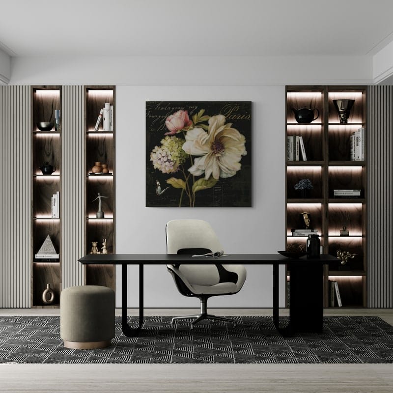 Marche de Fleurs II on Black by Lisa Audit wall art in a home office