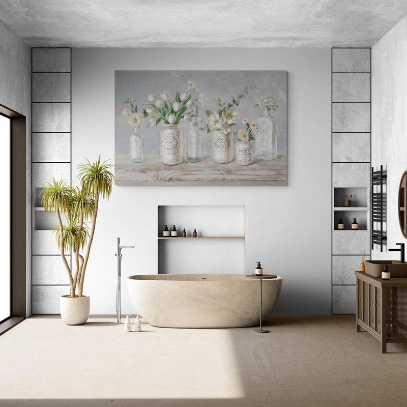 Marmalade Flowers I Neutral by Danhui Nai wall art in a bathroom
