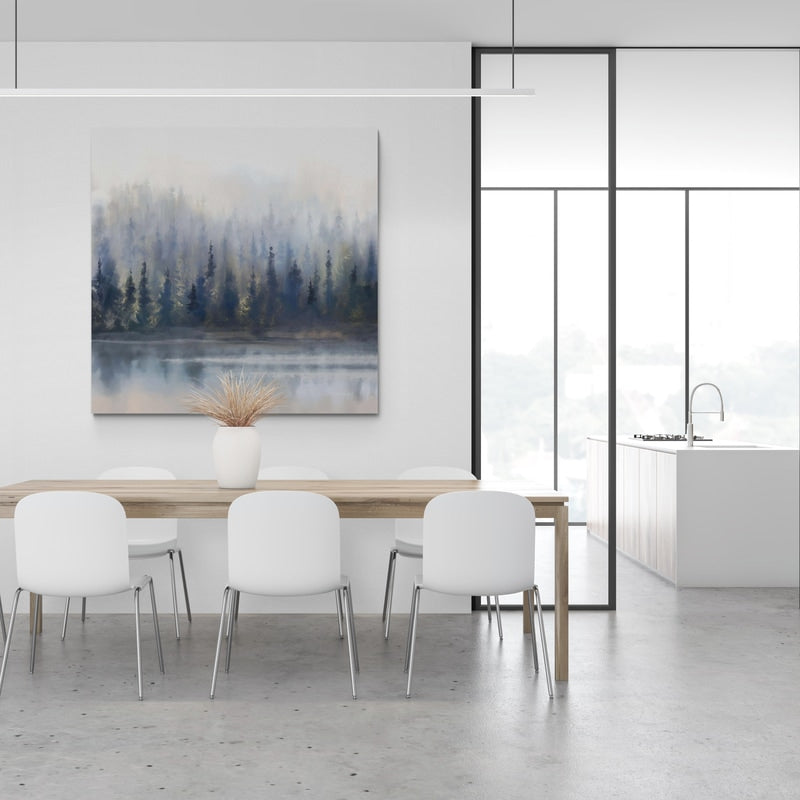 Misty Forest in Gray and Gold by Danhui Nai wall art in a dining room
