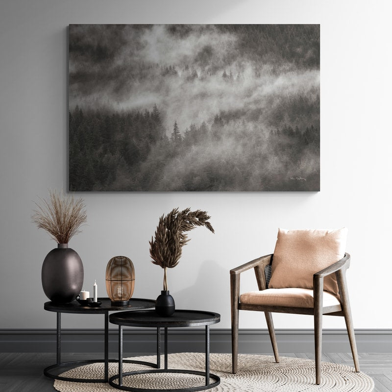 Misty Mountains North Cascades Bw by Alan Majchrowicz wall art in a living room