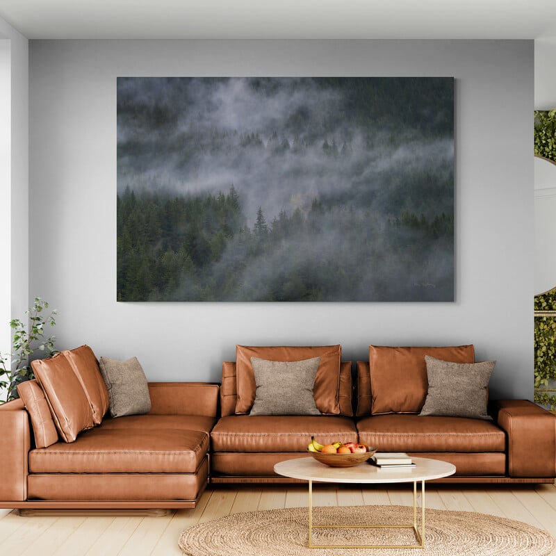 Misty Mountains North Cascades by Alan Majchrowicz wall art in a living room
