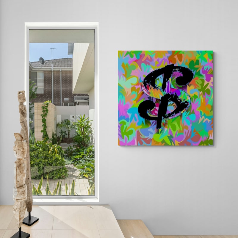 Money Sign 2024 by Technodrome1 wall art in a hallway