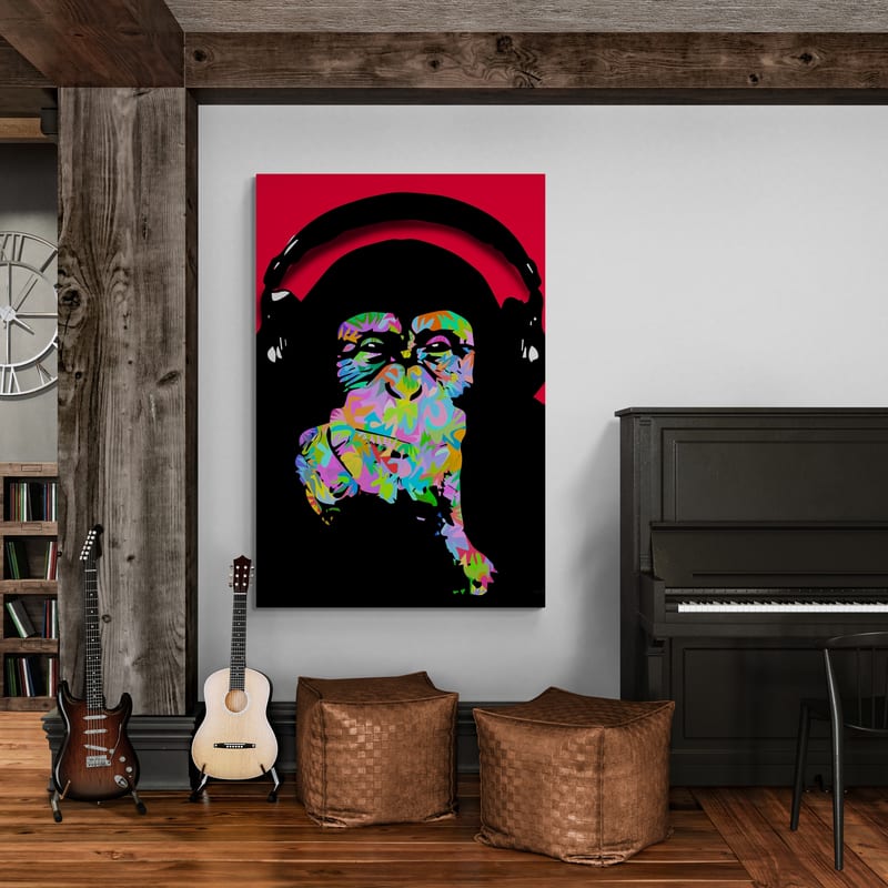 Monkey Headphones by Technodrome1 wall art in a living room