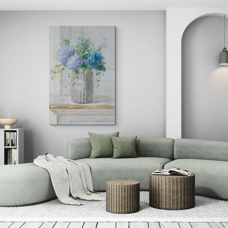 Morning Hydrangeas I by Danhui Nai wall art in a living room