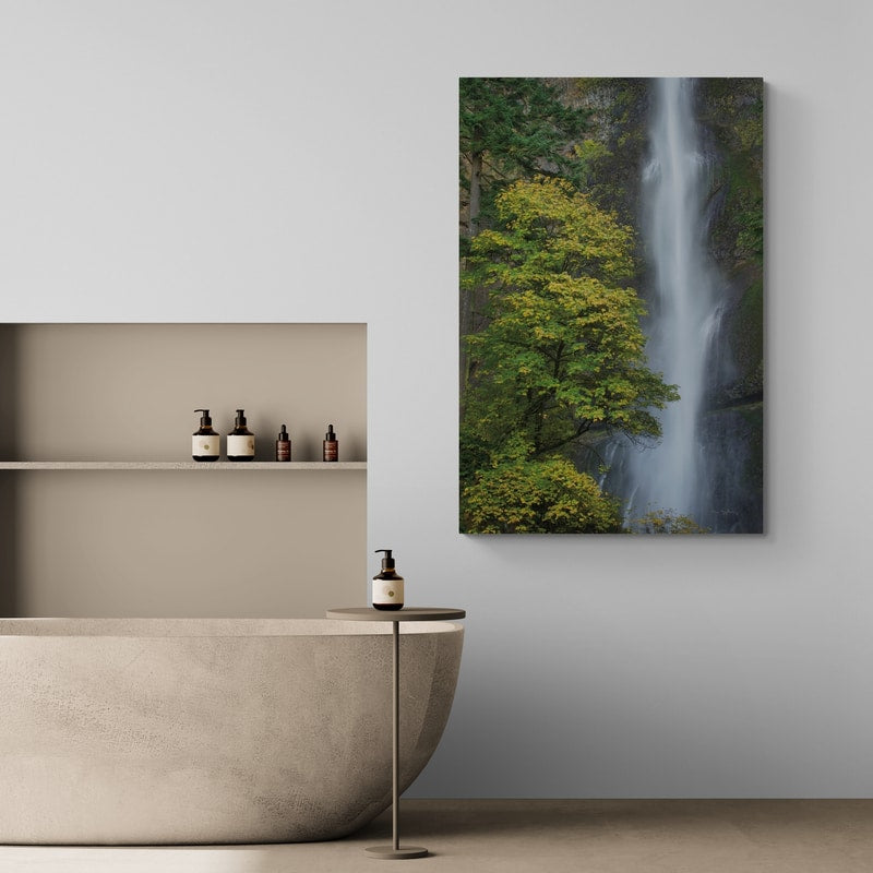 Multnomah Falls Color by Alan Majchrowicz wall art in a bathroom
