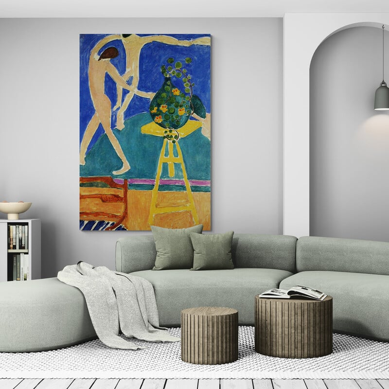 Nasturtiums with the Painting "Dance" by Henri Matisse wall art in a living room