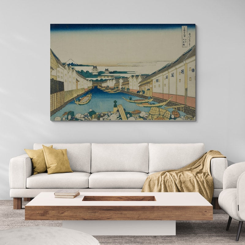 Nihonbashi Bridge In Edo by Katsushika Hokusai wall art in a living room