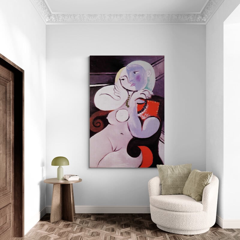 Nude Woman In A Red Armchair by Pablo Picasso wall art in a hallway