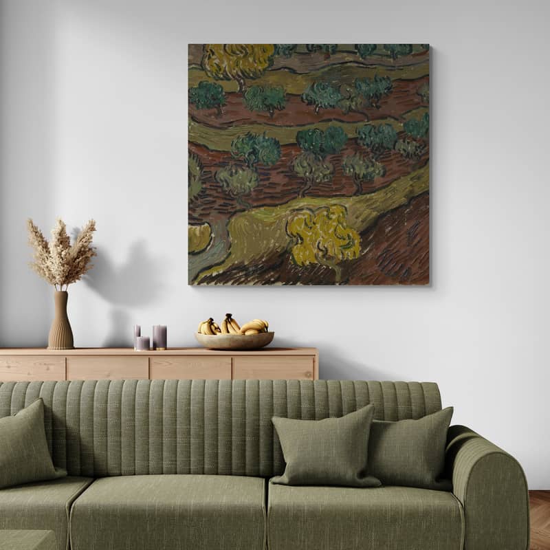 Olive Trees on a Hill 1889 by Vincent Van Gogh wall art in a living room