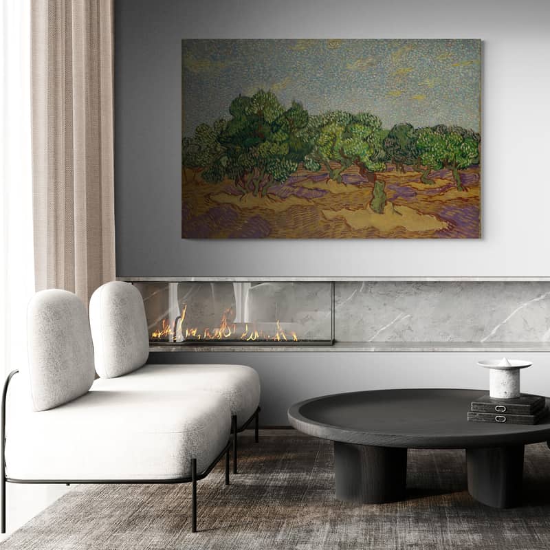 Olive Trees 1889 by Vincent Van Gogh wall art in a living room