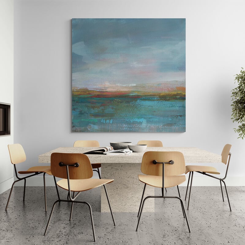 Open Water Sunrise by Danhui Nai wall art in a dining room