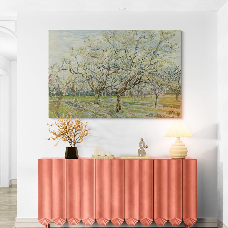 Orchard with Blossoming Apricot Trees 1888 by Vincent Van Gogh wall art in a hallway
