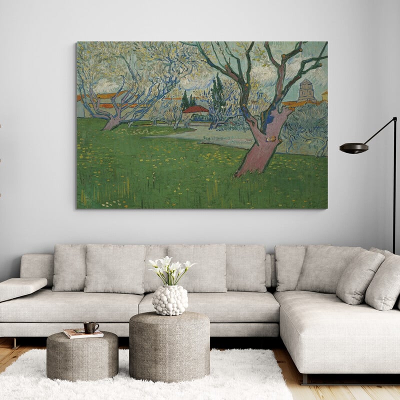 Orchards in Blossom View of Arles 1889 by Vincent Van Gogh wall art in a living room