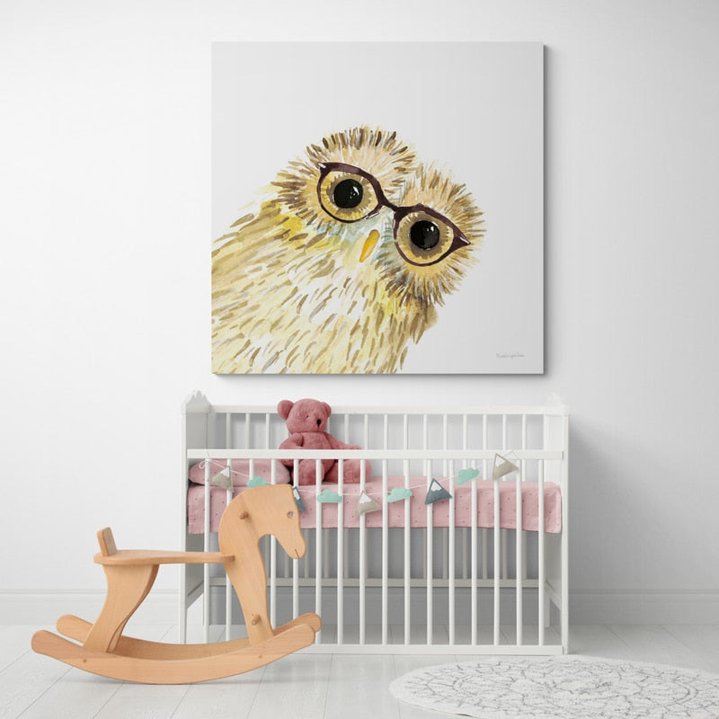 Owl in Glasses by Mercedes Lopez Charro wall art in a living room