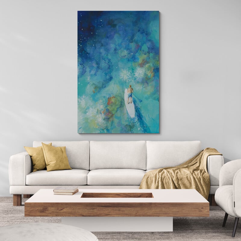 Paddle Board Exploring I by Danhui Nai wall art in a living room