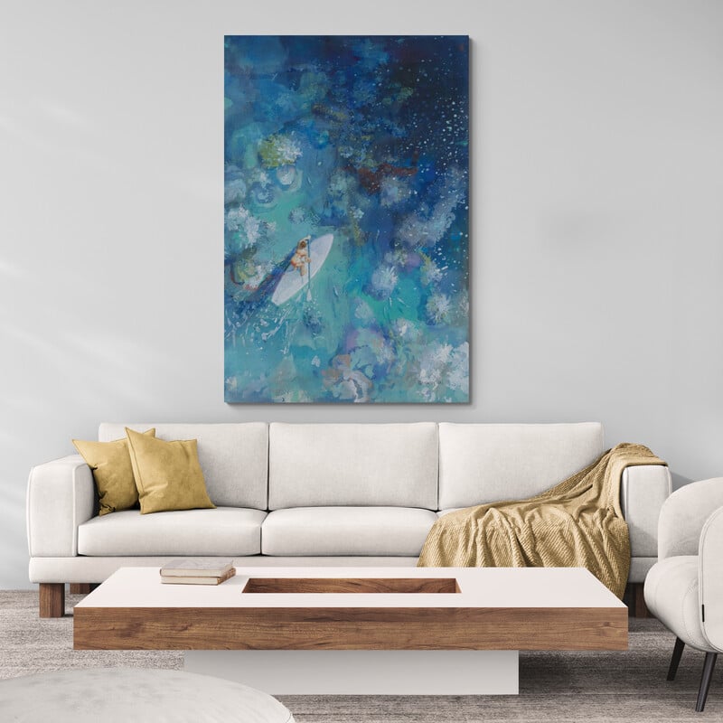Paddle Board Exploring II by Danhui Nai wall art in a living room