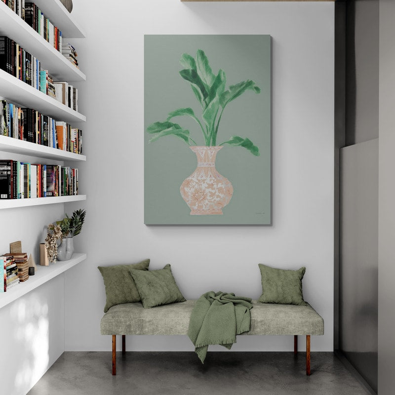 Palm Chinoiserie I Pink Green V2 by Danhui Nai wall art in a living room