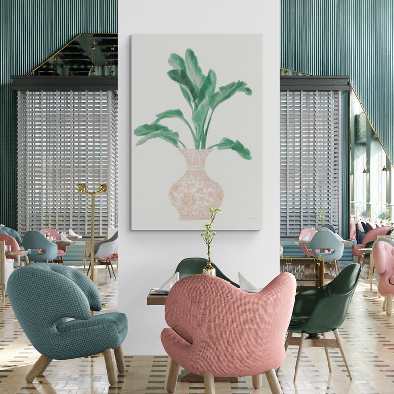 Palm Chinoiserie I Pink Green by Danhui Nai wall art in a living room