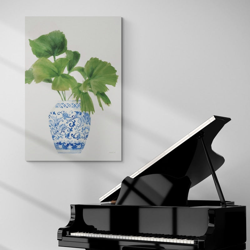 Palm Chinoiserie White IV Dark Green by Danhui Nai wall art in a living room