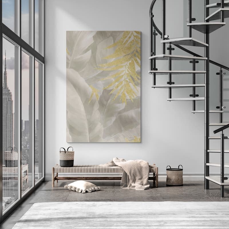 Palm Of The Tropics II Neutral Gold by Danhui Nai wall art in a living room