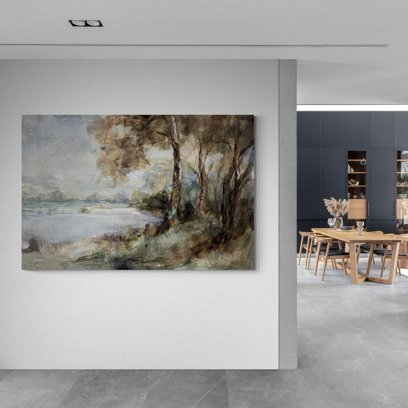 Peaceful Lake by Danhui Nai wall art in a hallway
