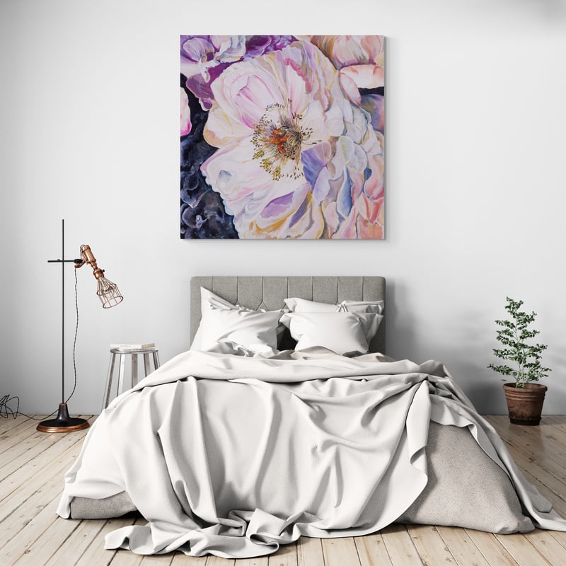 Peonies in Full Bloom I by Marina Strijakova wall art in a bedroom
