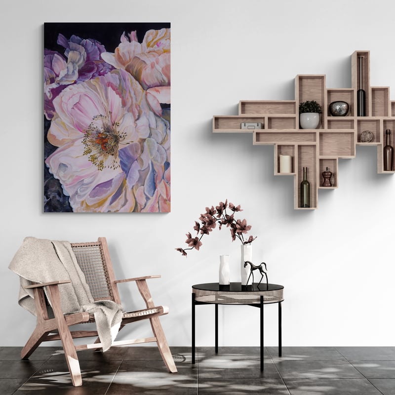 Peonies in Full Bloom by Marina Strijakova wall art in a living room