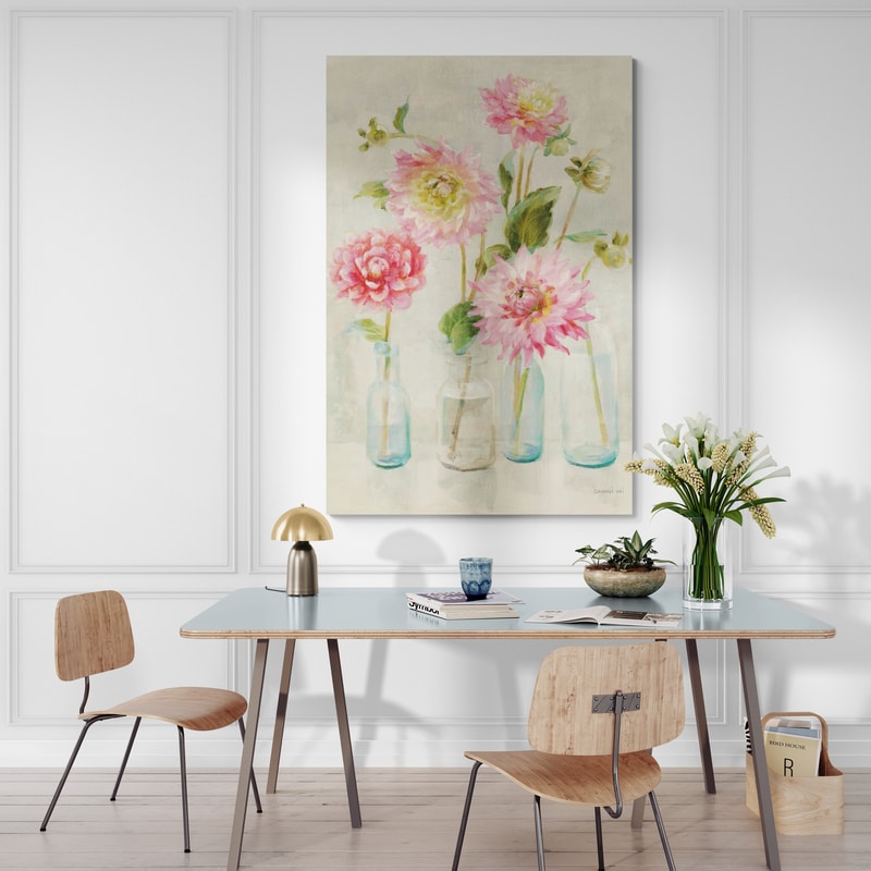 Pink Dahlias by Danhui Nai wall art in a dining room
